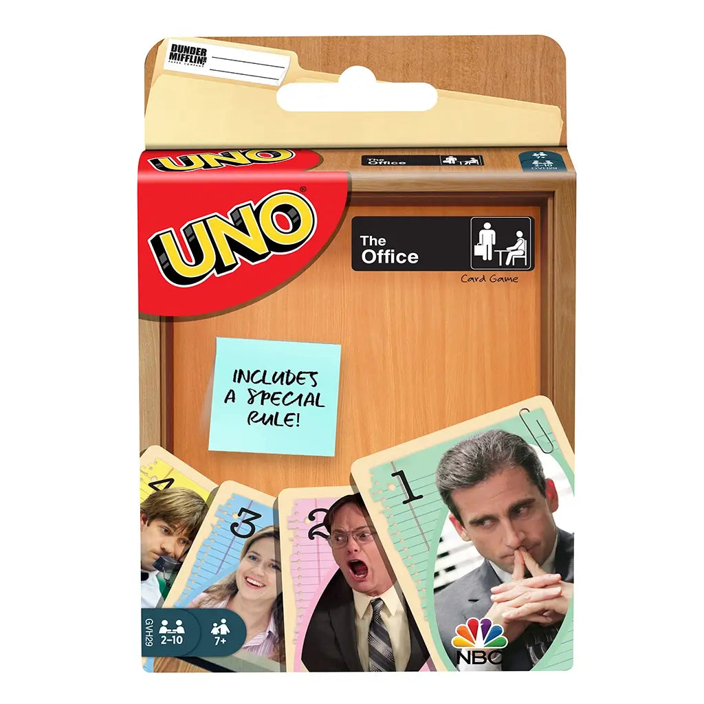 UNO The Office card game packaging with wooden file folder design, featuring characters on sample cards including Michael, Jim, Pam, and Dwight, with a note about a special rule.