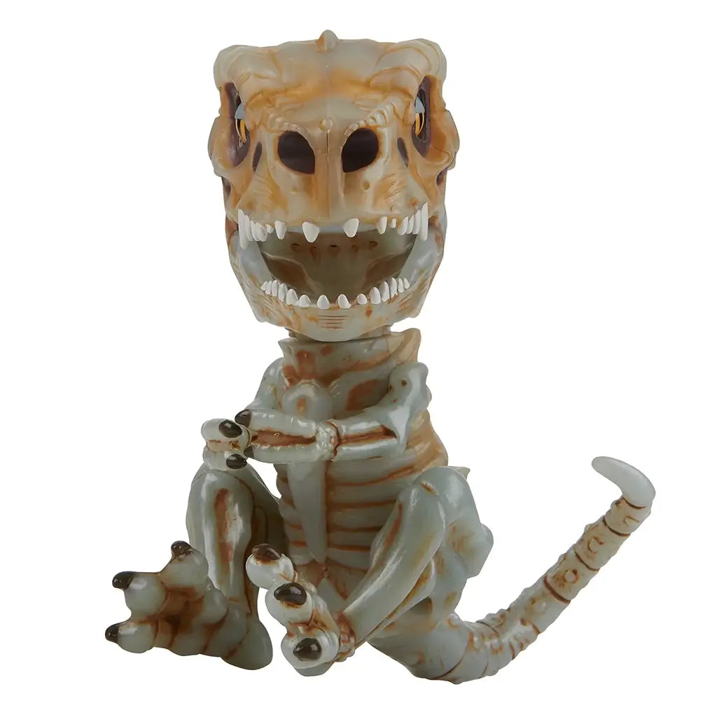 Close-up of the Untamed Fingerlings Doom Skeleton Dinosaur figure, a bone-white T-Rex with brown shading, detailed claws, and a fierce expression with sharp teeth and expressive orange eyes.