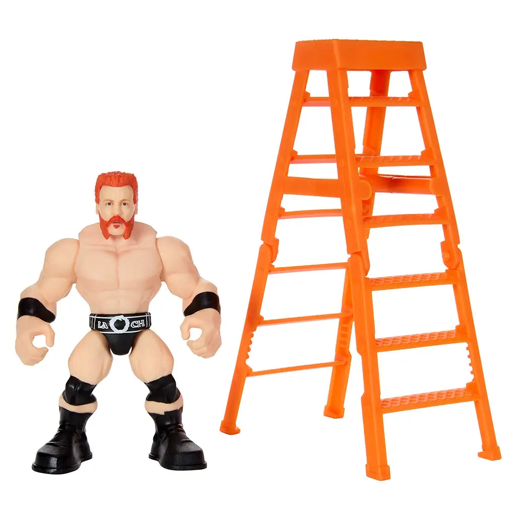 WWE Sheamus Knuckle Crunchers figure shown with bright orange ladder accessory, detailed with black trunks, wristbands, and boots for authentic wrestling play display.