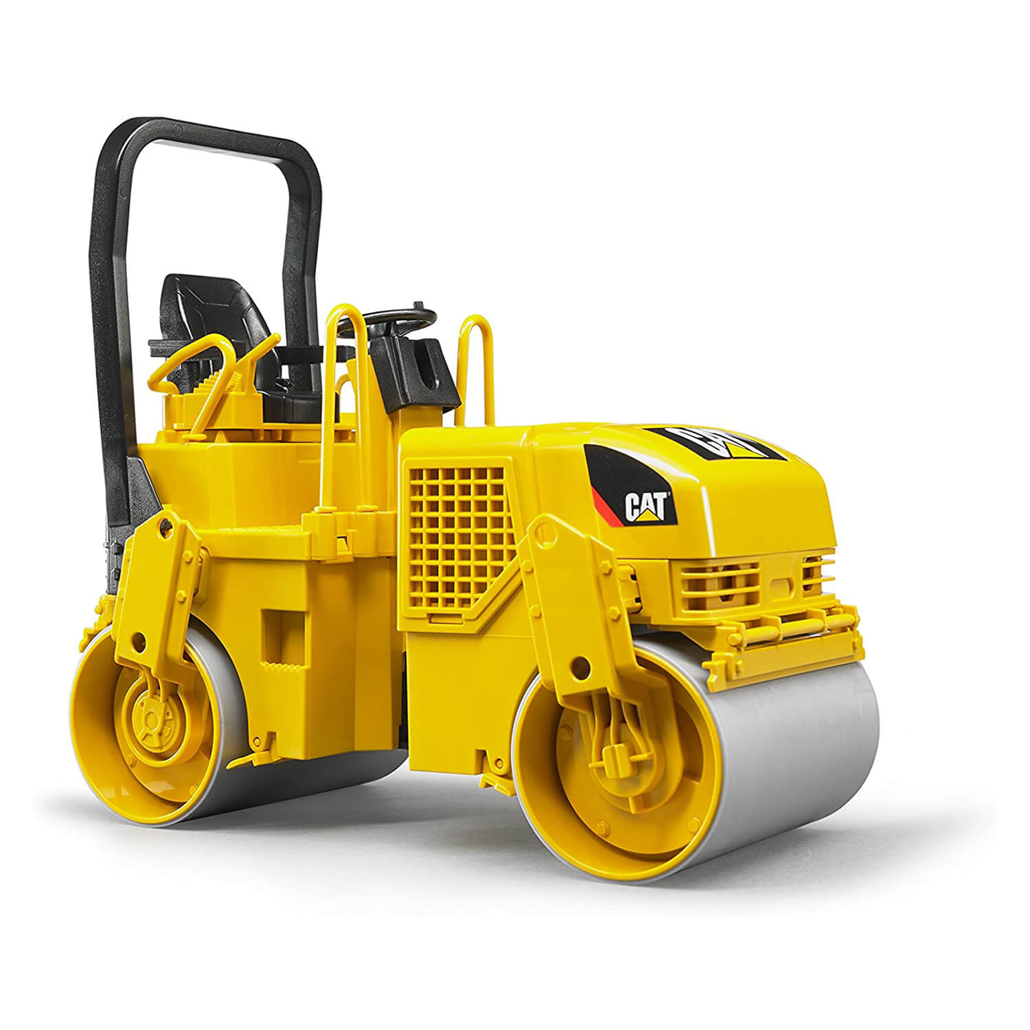 Side-front quarter angle of the Bruder Pro Series Caterpillar Asphalt Drum Compactor 1:16 Vehicle shown in yellow.