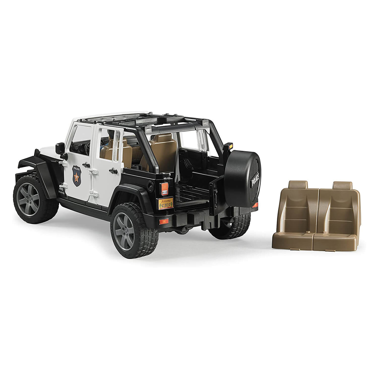 Back and interior view of the Bruder Pro Series Jeep Rubicon Police 1:16 Scale Vehicle w Policeman.