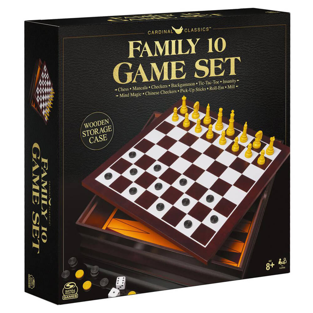 Family 10 Game Center in Wooden Case for Kids and Adults Aged 8 and up 