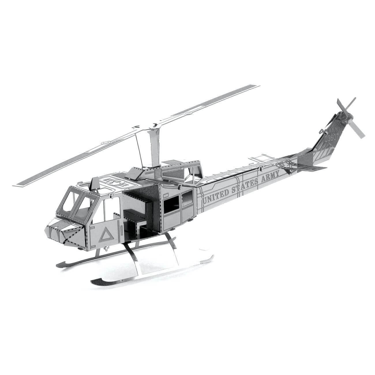 Side view of the Metal Earth Huey UH-1 Helicopter Metal Model Kit - 1 Sheet.