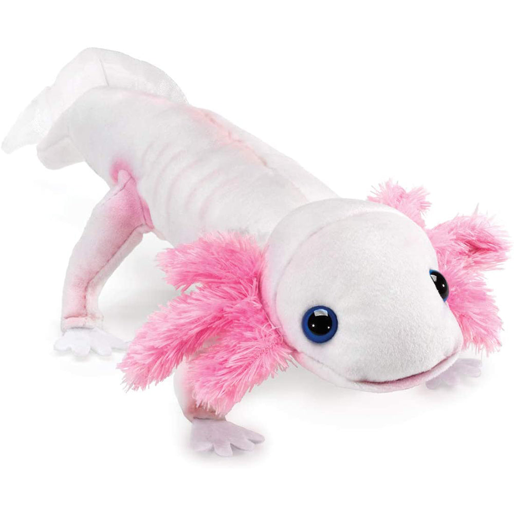 Front view of the Folkmanis Axolotl Finger Puppet. It is white with pink feather gills and accents.