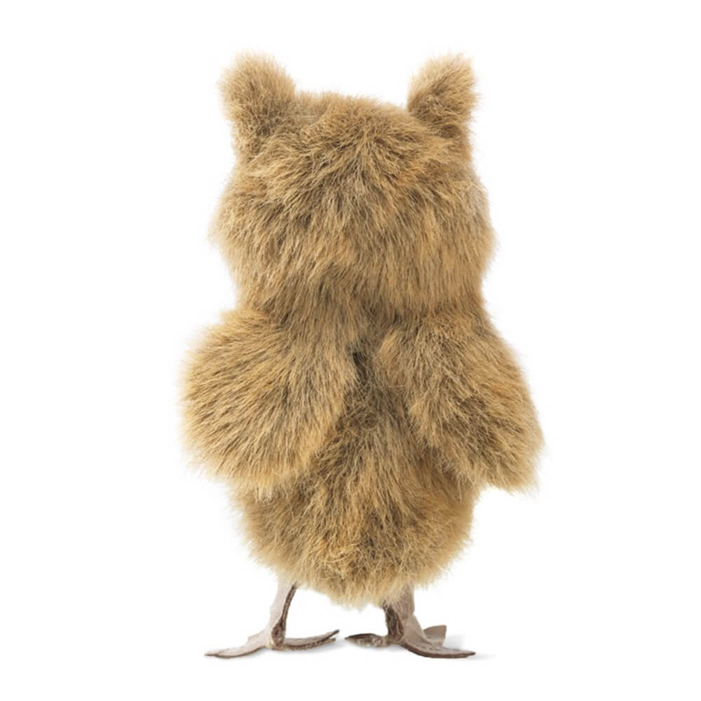 Rear view of the Folkmanis Mini Great Horned Owl Finger Puppet, which is primarily a light brown color.