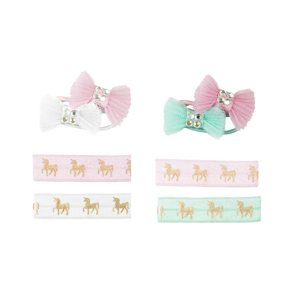 Front view of the Great Pretenders Unicorn Hair Ties & Bows 4 Piece Set.