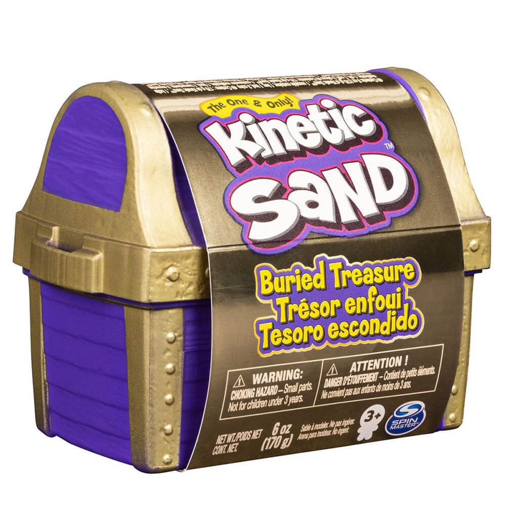 Front of Kinetic Sand Buried Treasure package which is purple and gold.