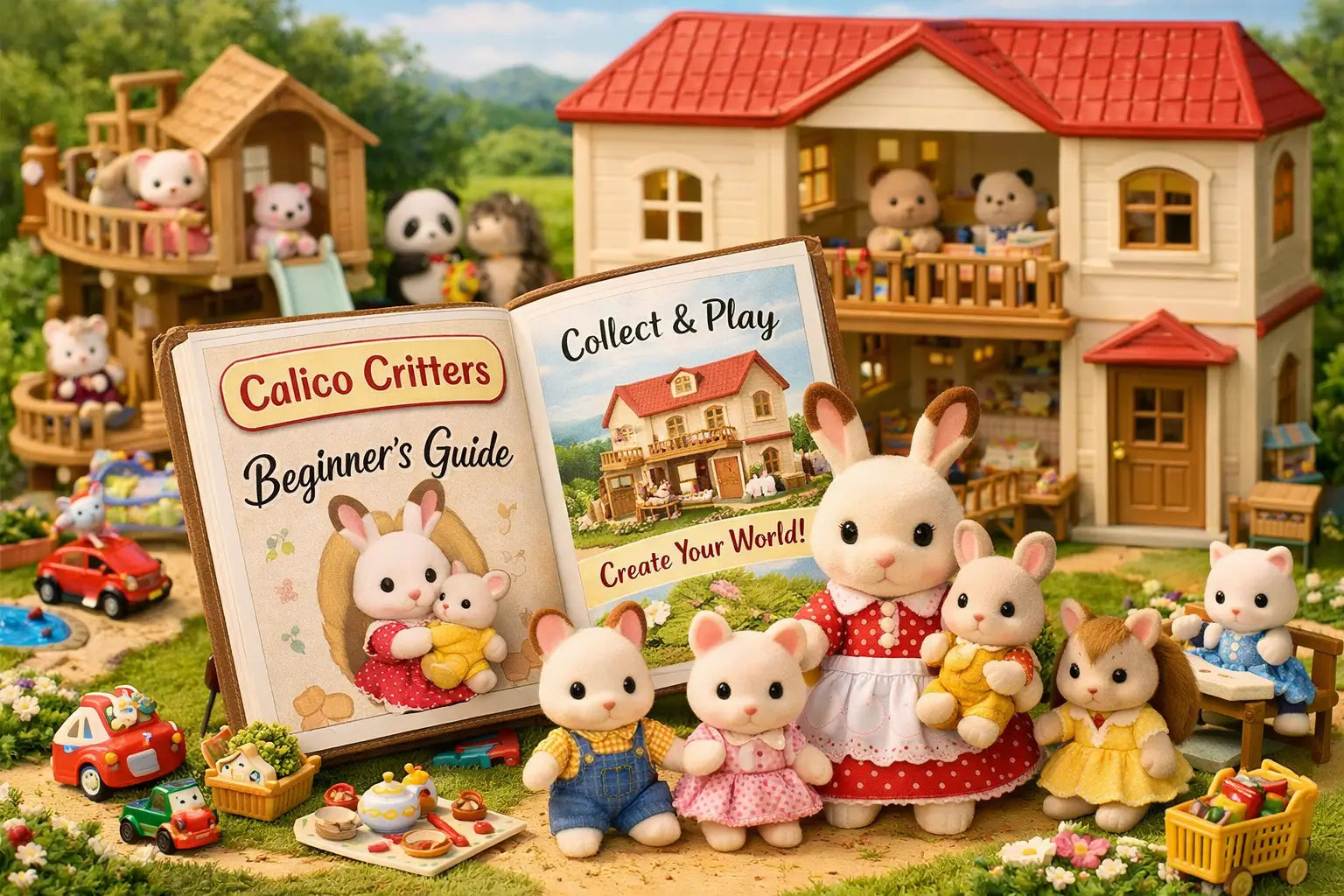 Calico Critters playset features soft pastel flocked animal figures posed beside a red-roof dollhouse, with a printed beginner’s guide book, toy cars, and picnic accessories arranged in a grassy miniature village scene.