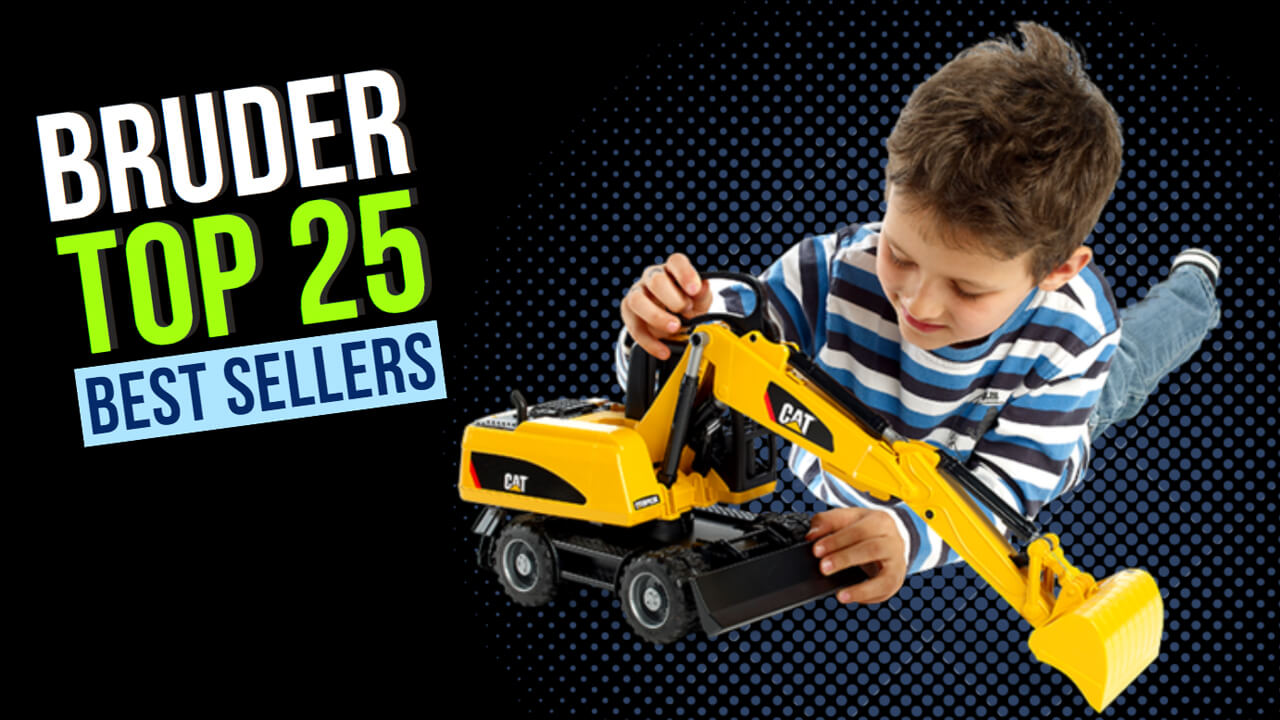 Best Selling Bruder Toys and Trucks. Shows boy playing with CATERPILLAR excavator.