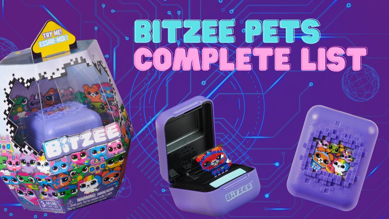 Bitzee Pet List - Packaged Bitzee, open Bitzee with cat, and a closed purple Bitzee Pod.