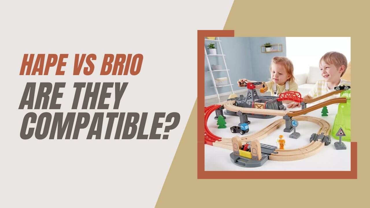Do Brio and Hape fit together? Image shows a boy and a girl playing with a Hape wooden train set.