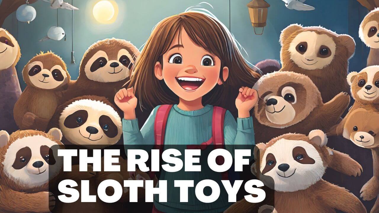The rise of sloth toys is featured by a little girl surrounded by sloth stuffed animals.