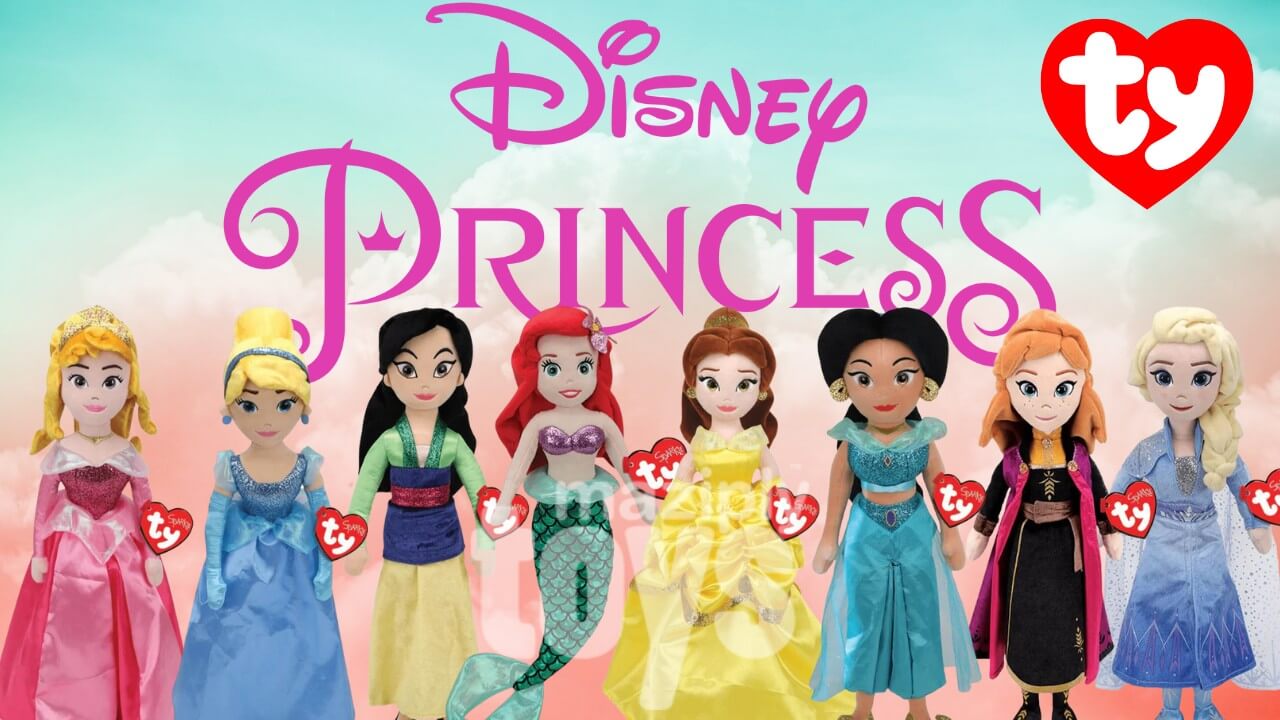 Ty Disney Princess Plush Dolls including Aurora, Cinderella, Mulan, Ariel, Belle, Princess Jasmine, Anna, and Elsa.