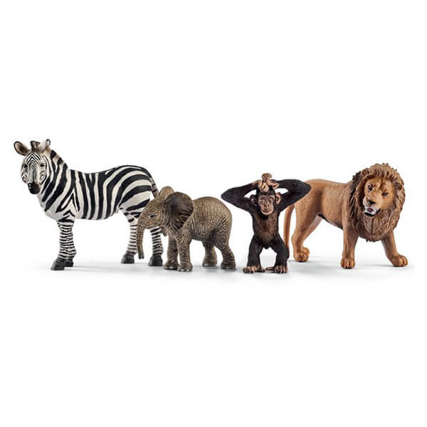 Animal figures and figurines at Maziply Toys. Shown are a zebra, elephant, monkey and lion.