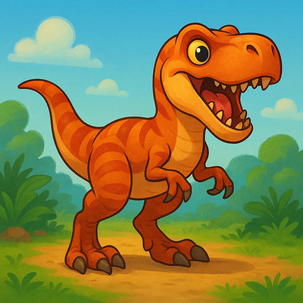 Cartoon-style T-Rex dinosaur toy in a colorful jungle scene, perfect for kids who love Tyrannosaurus Rex and dinosaur adventures.