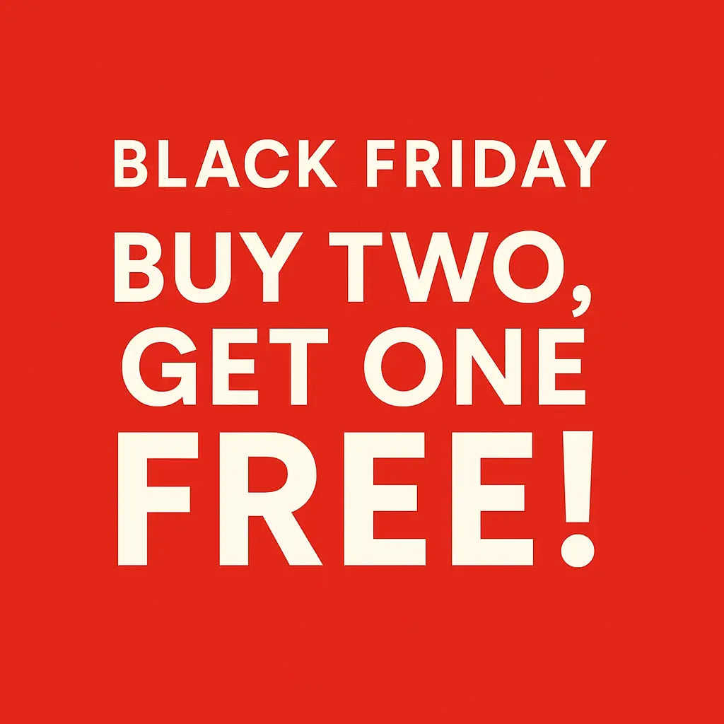 Square red graphic with bold white text reading ‘Black Friday — Buy Two, Get One Free!’ centered in a clean, minimalist layout.