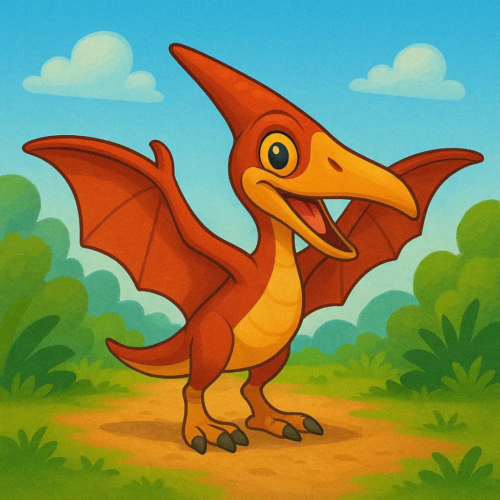 Bright cartoon Pteranodon toy with outstretched wings in a prehistoric jungle, ideal for kids who love flying dinosaur toys.