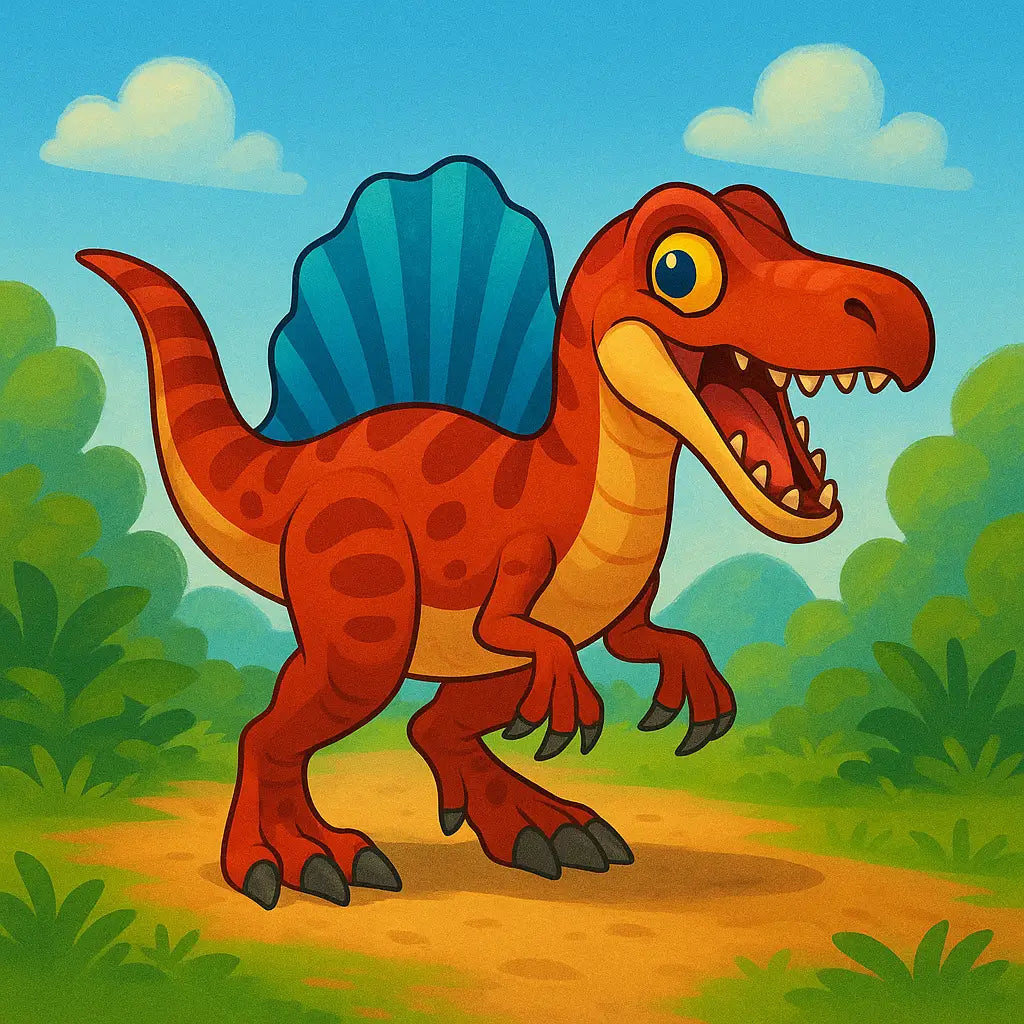 Colorful cartoon-style Spinosaurus toy in a prehistoric jungle, perfect for dinosaur-loving kids and Jurassic fans.