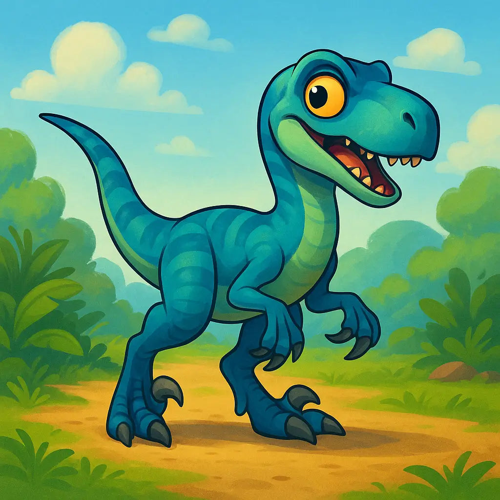 Cartoon-style Velociraptor toy illustration in a jungle scene, perfect for kids and dinosaur toy lovers.
