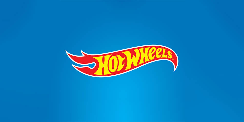 Hot Wheels logo in its classic red and yellow colors with a blue background