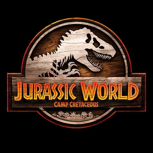 Jurassic World Camp Cretaceous logo featuring a wooden texture and T-Rex silhouette – official branding for the animated series and related Jurassic World toys, figures, and playsets.