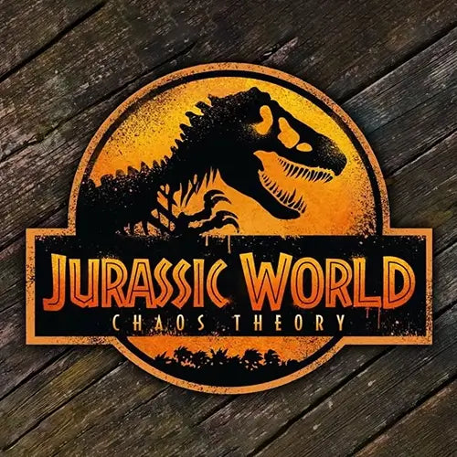 Jurassic World Chaos Theory logo with a bold T-Rex silhouette on a fiery orange background – official branding for the animated series and related Jurassic World toys and merchandise.