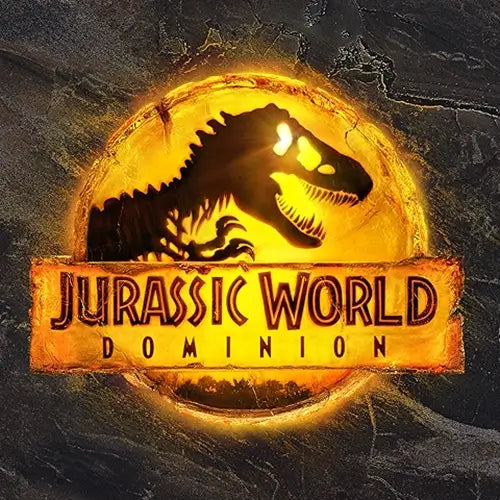 Jurassic World Dominion logo featuring a glowing amber background and T-Rex silhouette – official branding for the blockbuster film and its Jurassic World toys, action figures, and collectibles.