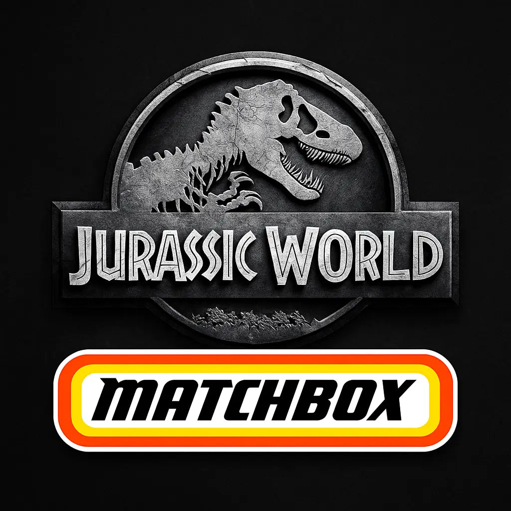 Combined Jurassic World and Matchbox logos on a dark background, representing the adventurous collaboration between dinosaur-themed playsets and rugged toy vehicles.
