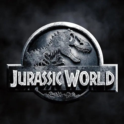Jurassic World movie logo with a metallic T-Rex skeleton emblem on a dark background – official branding for the Jurassic World film series and its toys, action figures, and merchandise.