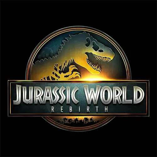 Jurassic World Rebirth movie logo featuring a glowing T-Rex silhouette and jungle backdrop – official branding for the 2025 film and related Jurassic World toys and merchandise.