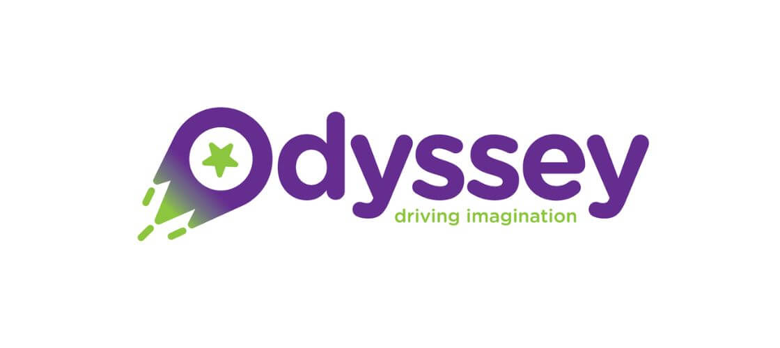 Odyssey Toys logo in purple and green which states "driving imagination".