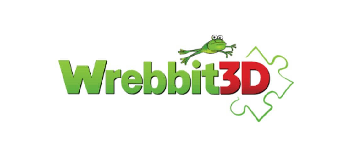 Wrebbit 3D Puzzle Logo in Green and Red with a puzzle piece and a frog jumping over.