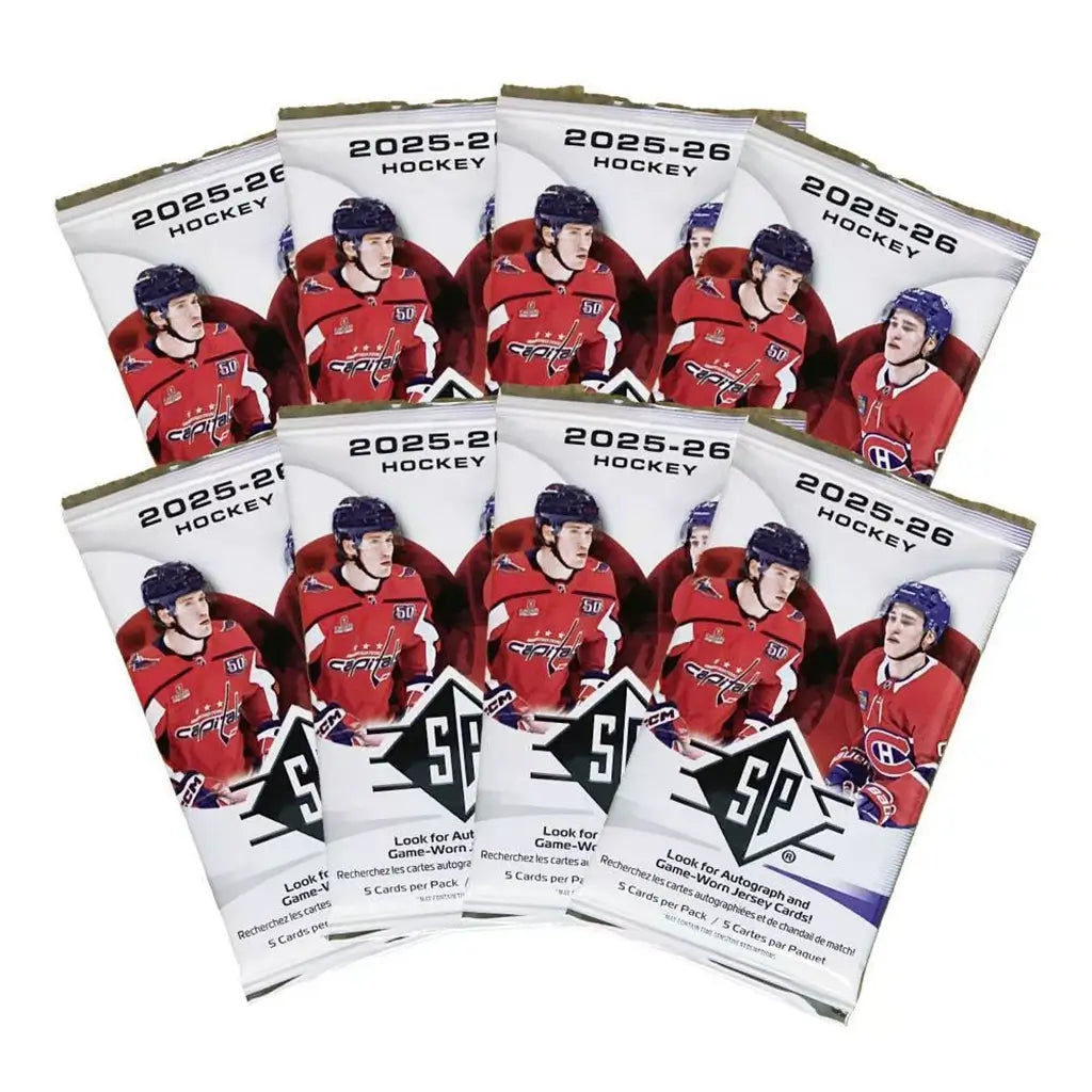 Upper Deck SP Hockey trading cards packs feature white foil wrappers with red jersey players, glossy material, rectangular sealed packs arranged in a fan layout on a clean white background.