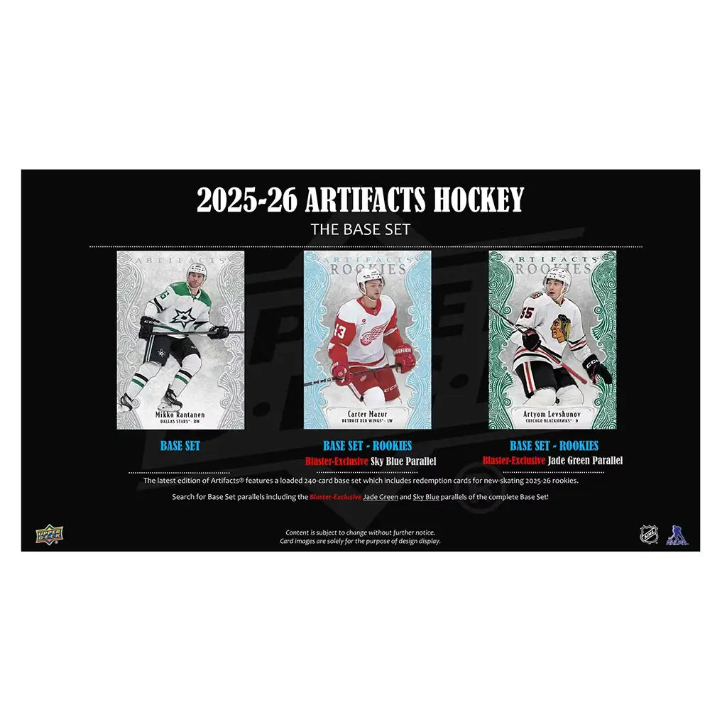 Upper Deck Artifacts Hockey 2025–26 base-set preview displays ornate framed cards in silver, sky blue, and jade green textures featuring veterans and rookies arranged cleanly on a dark showcase background.