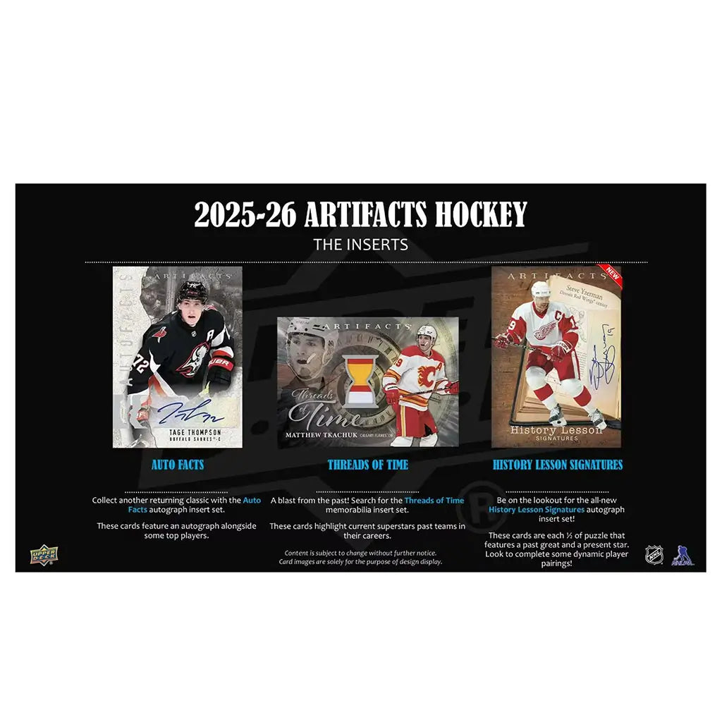Upper Deck Artifacts Hockey 2025–26 inserts preview highlights Auto Facts, Threads of Time, and History Lesson Signature cards with varied textures and player imagery set against a dark presentation layout.