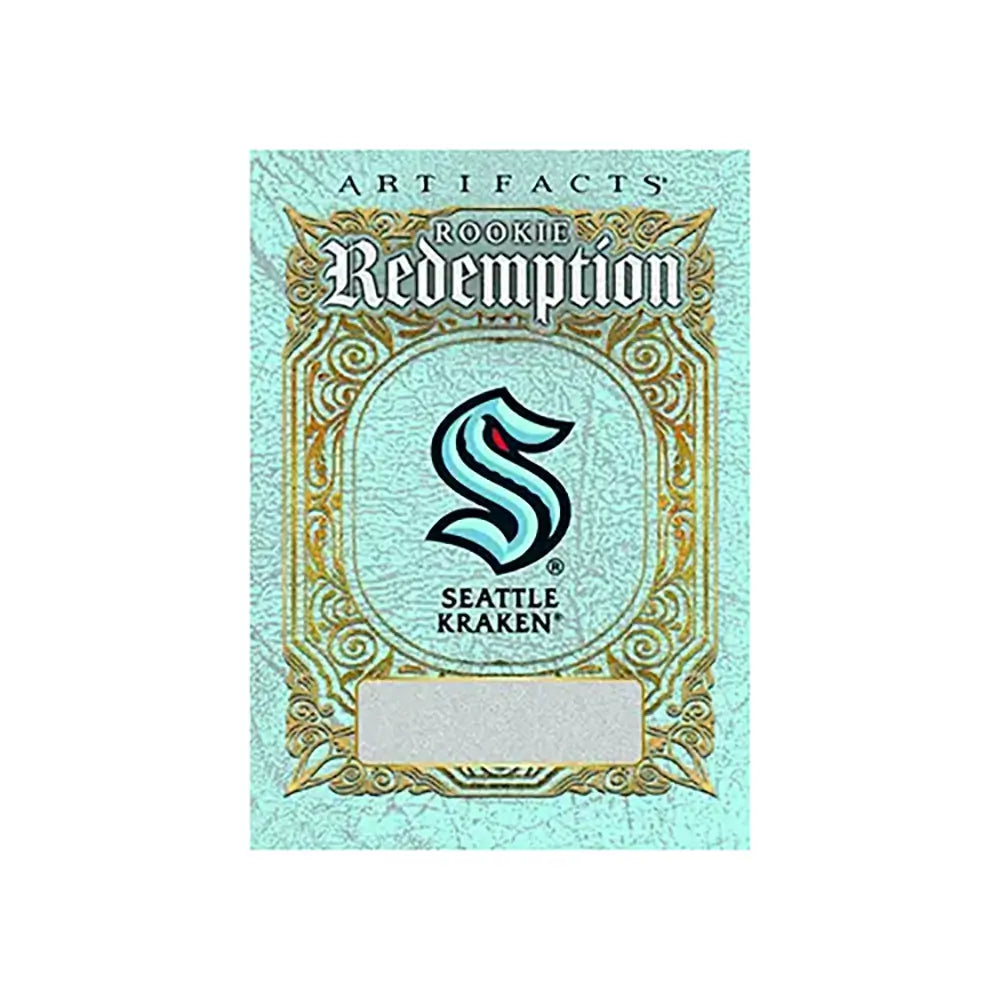 Upper Deck Artifacts Hockey 2025–26 rookie redemption card features a teal cracked-ice background with ornate gold framing surrounding the Seattle Kraken logo above a blank redemption claim panel.