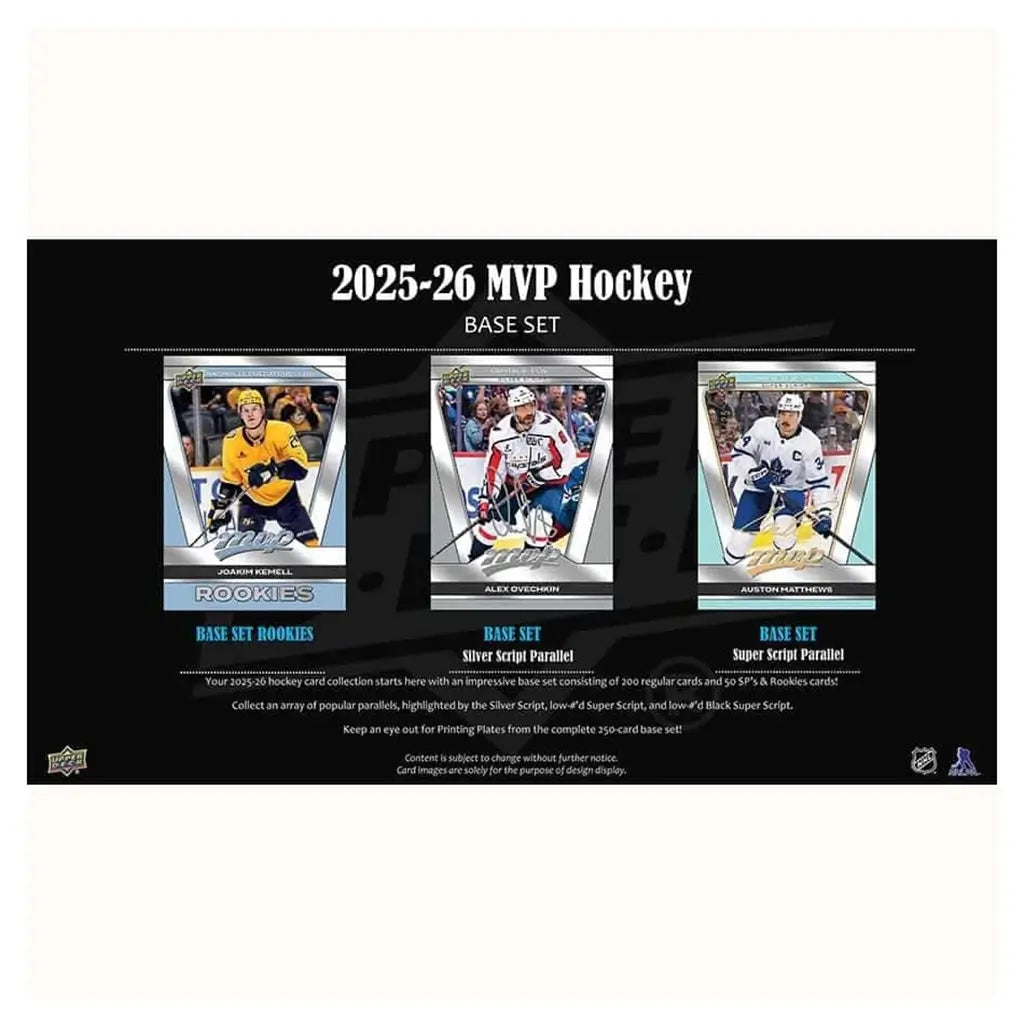 Black background promotional sheet shows 2025-26 Upper Deck MVP Hockey base set cards with Joakim Kemell rookie, Alex Ovechkin silver script, and Auston Matthews super script variations.