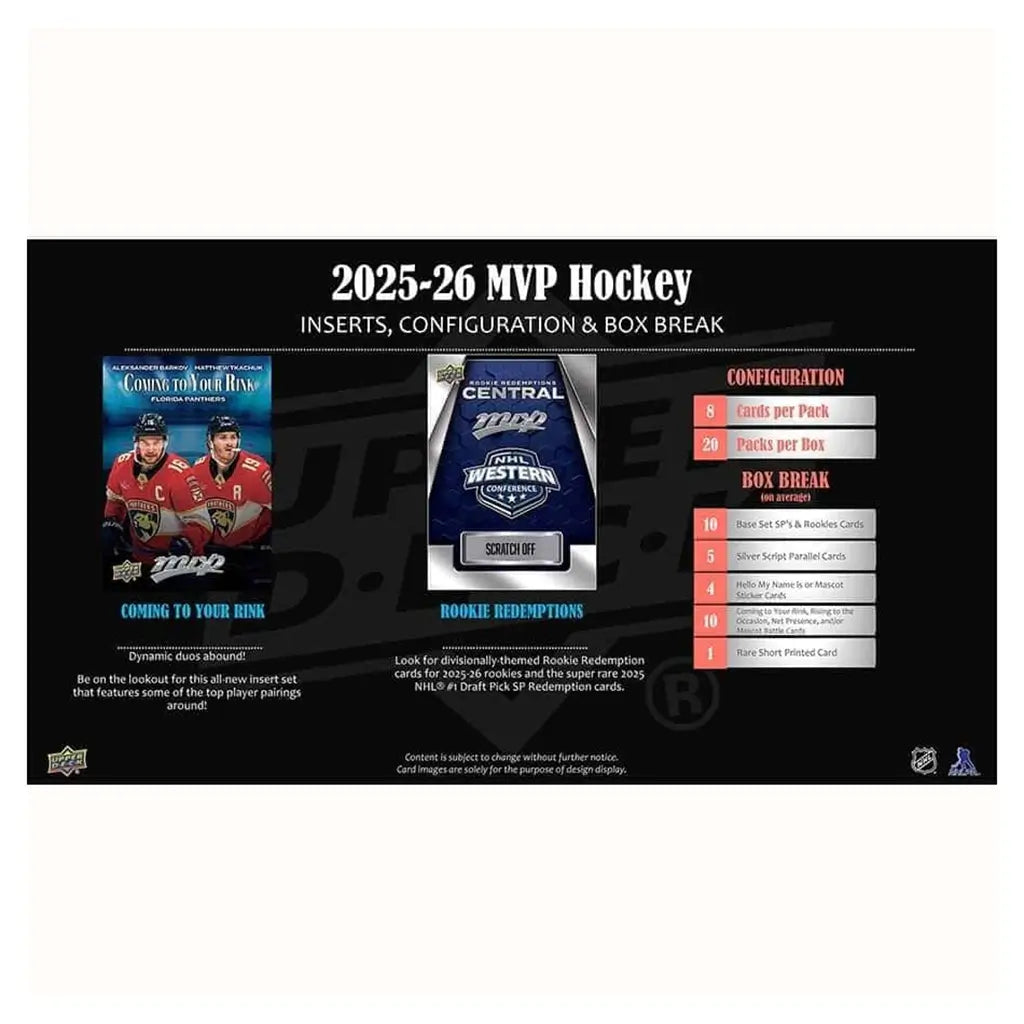 Black promotional display outlines 2025-26 MVP Hockey inserts, rookie redemption, and configuration with Florida Panthers player card art, NHL Western Conference redemption scratch-off, and box break odds.