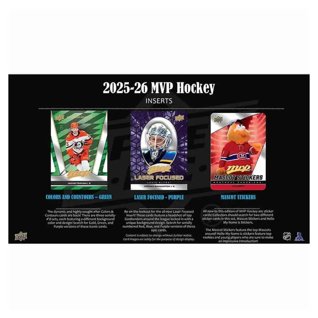 Promotional insert sheet for 2025-26 Upper Deck MVP Hockey showing Jacob Trouba Colors and Contours green card, Jordan Binnington Laser Focused purple insert, and Youppi! mascot sticker.