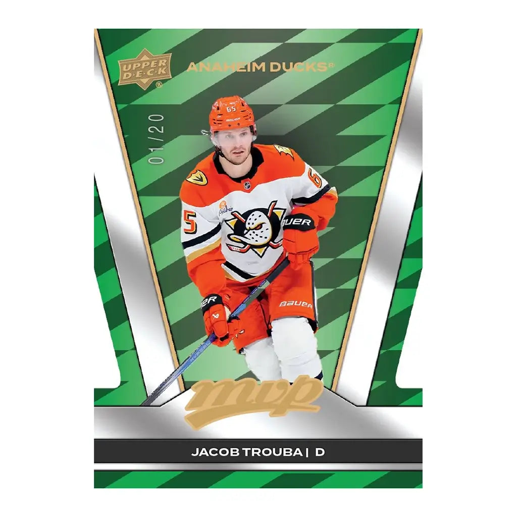 Upper Deck MVP 2025-26 Colors and Contours insert card displays Jacob Trouba in orange Anaheim Ducks jersey over a green foil patterned background with bold numbering detail.