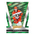 Upper Deck MVP 2025-26 Colors and Contours insert card displays Jacob Trouba in orange Anaheim Ducks jersey over a green foil patterned background with bold numbering detail.