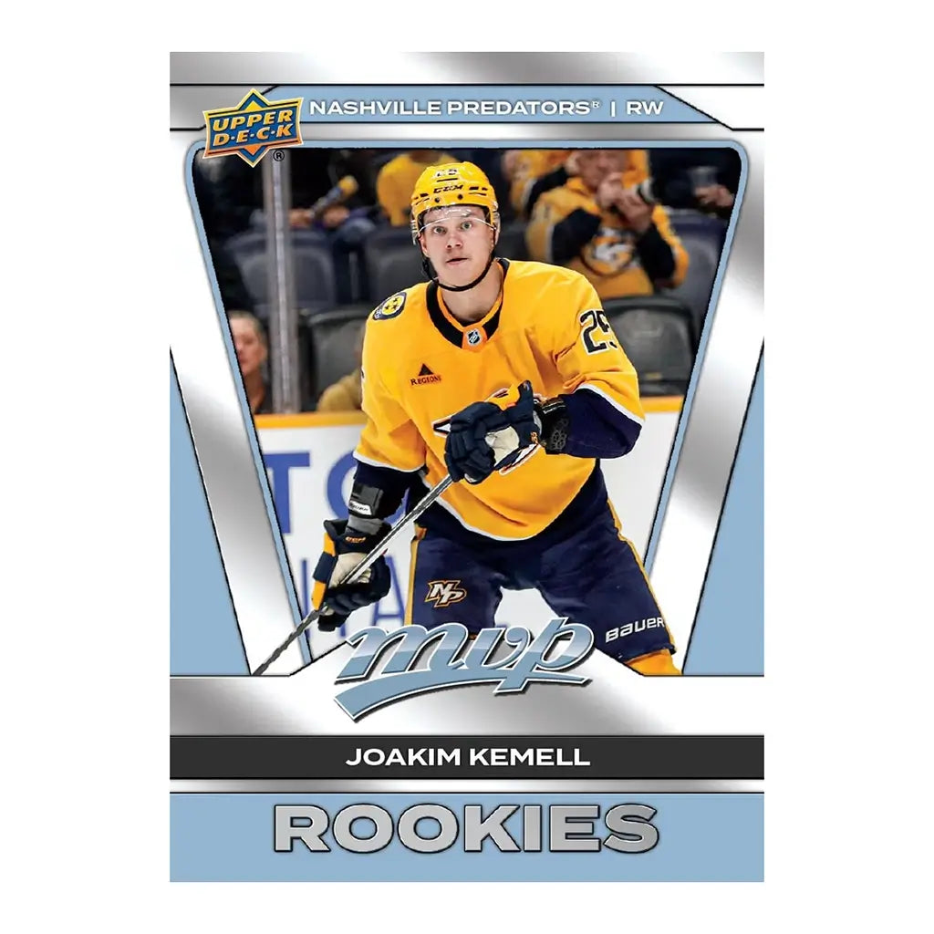 2025-26 Upper Deck MVP rookie hockey card of Joakim Kemell shows him in Nashville Predators gold jersey skating with stick, framed in silver and blue with bold MVP and Rookies text.