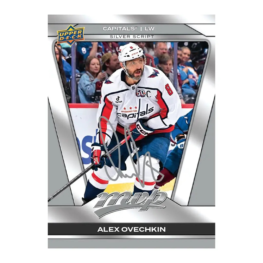 Upper Deck MVP 2025-26 hockey trading card highlights Alex Ovechkin in a white Capitals jersey, featuring a bold silver script autograph parallel with crisp action photography.