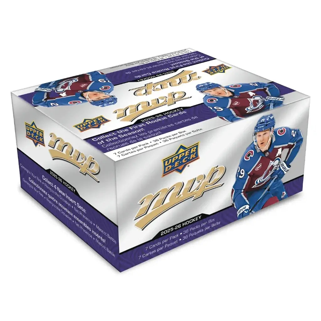 Upper Deck 2025-26 MVP hockey retail box with white and purple design, gold MVP logo, and images of a Colorado Avalanche player, featuring 7 cards per pack and 36 packs per box.