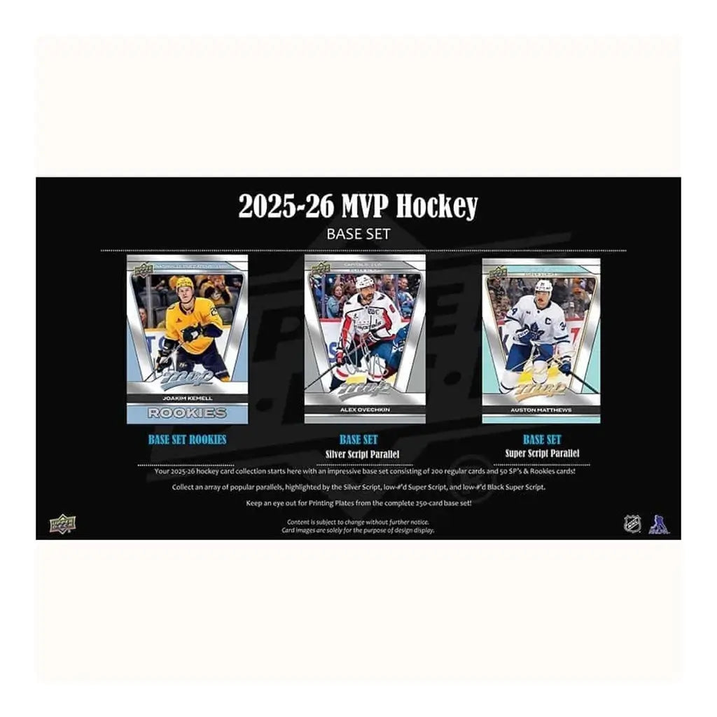 Upper Deck 2025-26 MVP hockey base set showcase with three featured cards of NHL stars, highlighting rookies, Silver Script, and Super Script parallels on a dark promotional layout.