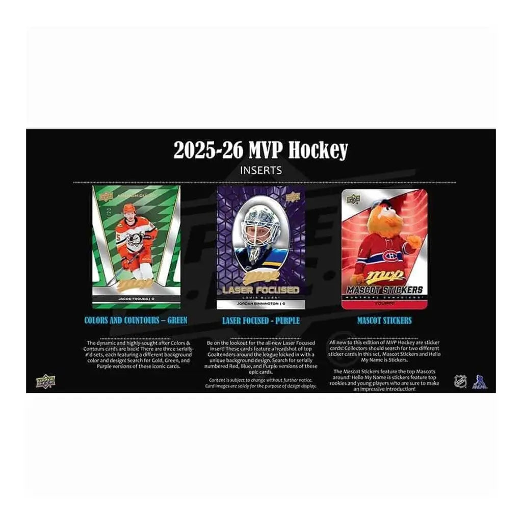 Upper Deck 2025-26 MVP hockey inserts preview with colorful card examples, including green “Colors and Contours,” purple “Laser Focused,” and mascot sticker cards on black background.