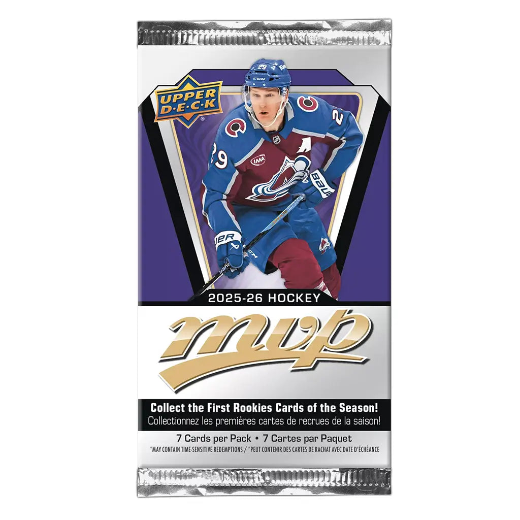 Upper Deck 2025-26 MVP hockey retail pack with foil wrapper, showing a Colorado Avalanche player in dark burgundy jersey on purple background, highlighting seven cards per pack.