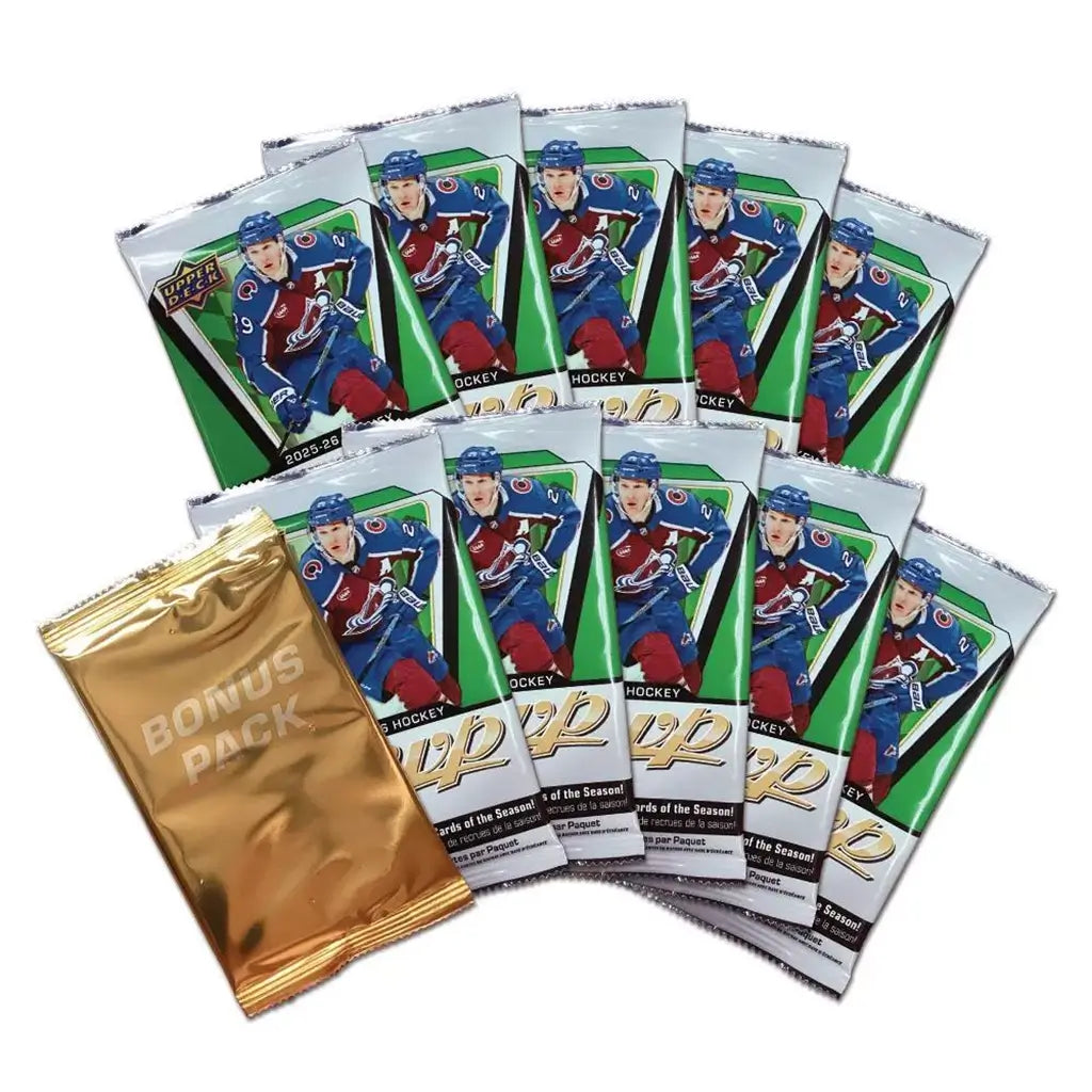 Upper Deck 2025-26 MVP hockey retail pack display showing ten silver packs with Avalanche player on green background plus one gold “Bonus Pack” wrapper, arranged in fan layout.