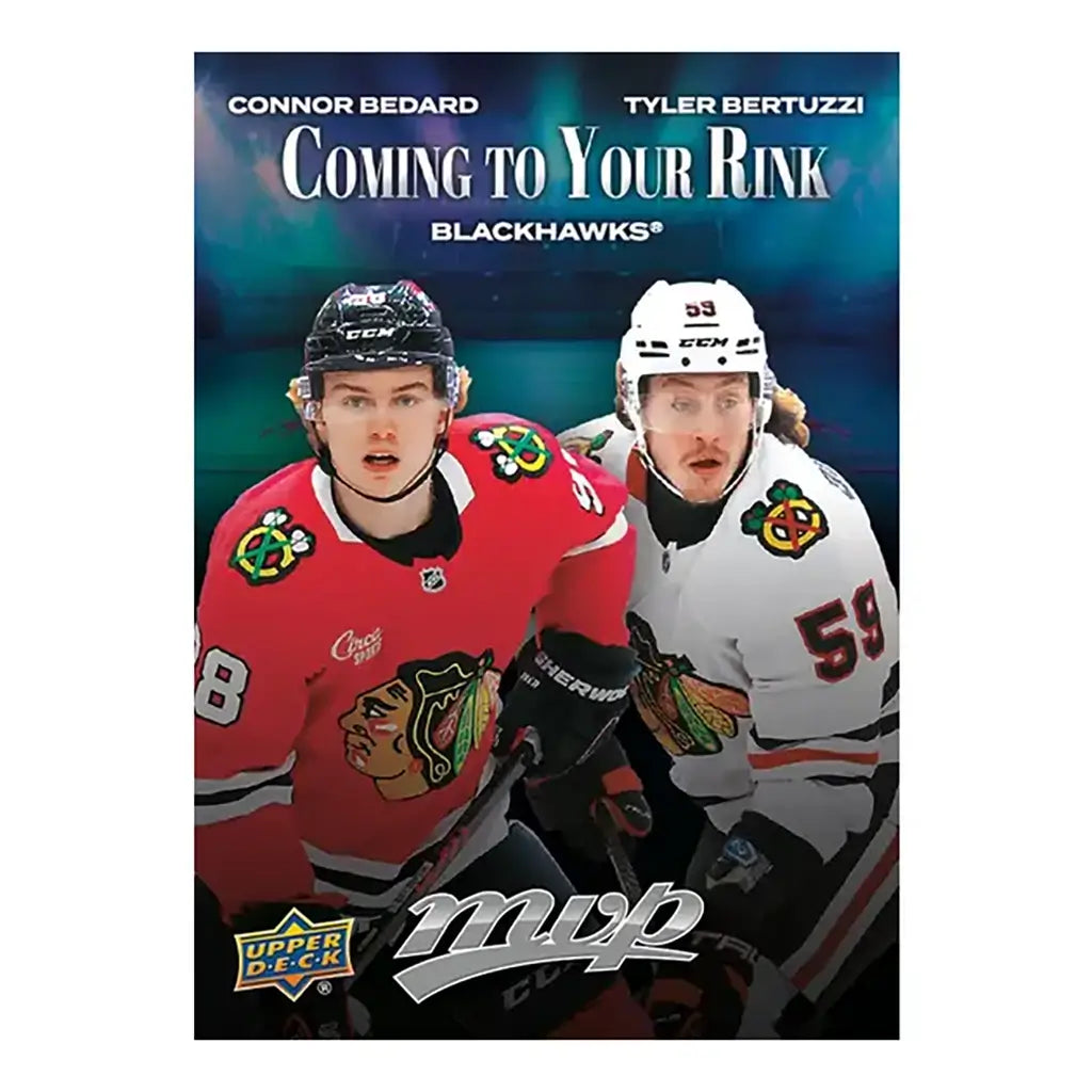 Upper Deck 2025-26 MVP “Coming to Your Rink” card featuring Connor Bedard and Tyler Bertuzzi of the Blackhawks, shown in red and white jerseys against dark teal stage backdrop.