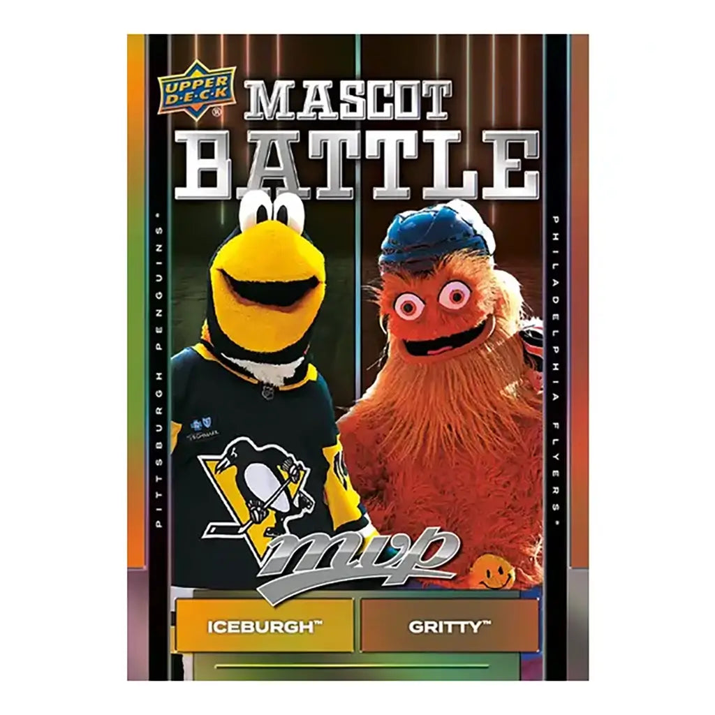 Upper Deck 2025-26 MVP “Mascot Battle” card featuring Iceburgh of the Penguins and Gritty of the Flyers, both mascots standing side by side with bold metallic title text.